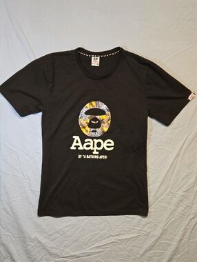 Aape by A Bathing Ape Black Logo T Shirt with Yellow/Blue Camo Ape Head